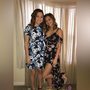 Iz Byer Blue and Black Floral High Low Dresses